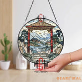 Japanese Torii Gate Stained Glass Suncatcher Zen Garden Landscape Glass Art Oriental Window Hanging Tranquil Asian Home